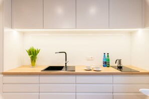 Apartament exclusiu | Cuina bàsica privada | Frigorífic, placa de cuina, rentaplats i cafetera exprés 