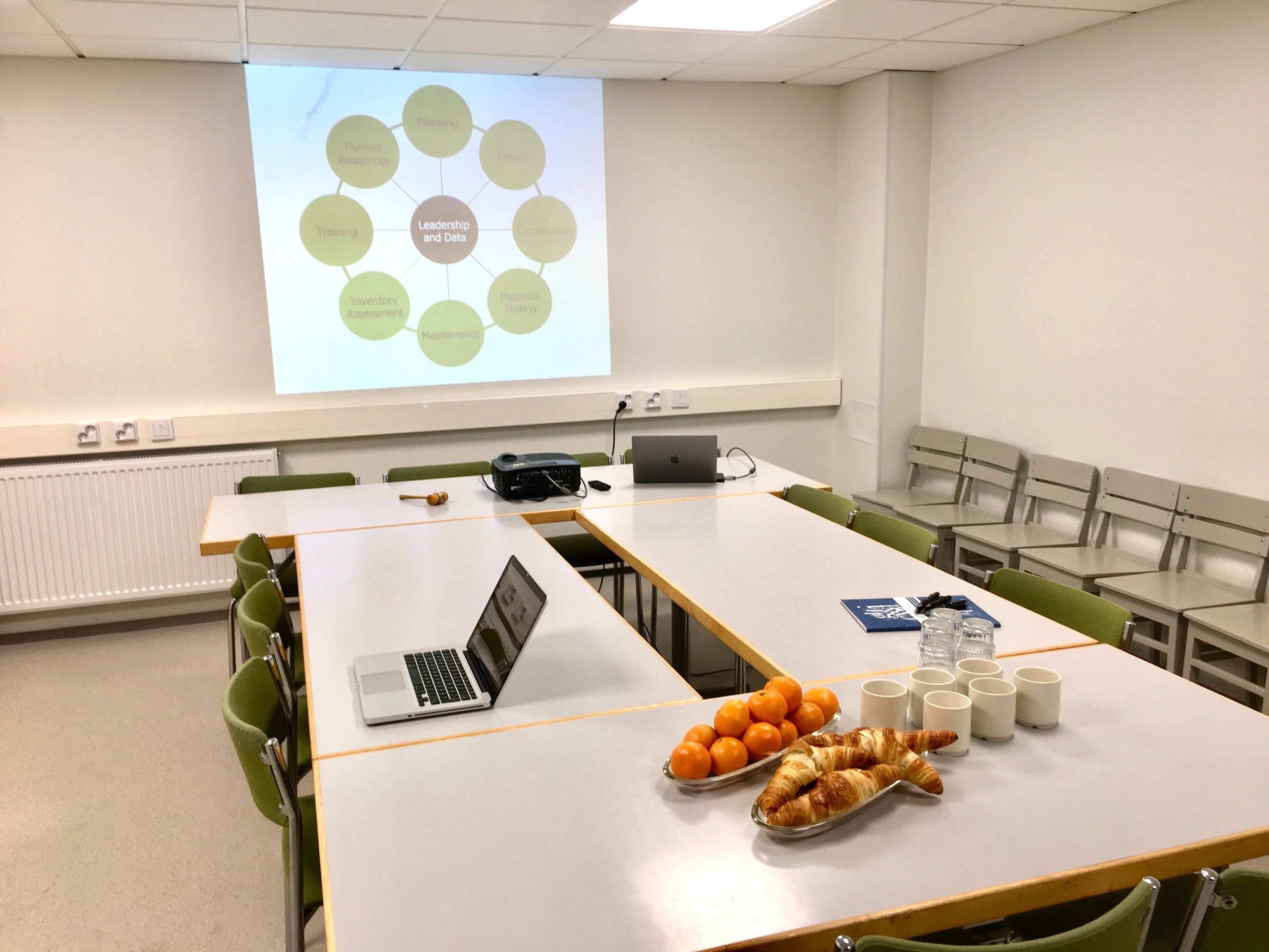 A conference room with a presentation screen, tables with laptops, and a tray of oranges and croissants.