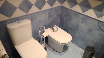 Bathtub, hair dryer, bidet, towels
