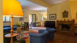 A living room with a TV, blue sofas, a fireplace, and a dining area. - Domus Sicily - Fattoria Gorgo - Contessa Entellina (Abbazia di Santa Maria del Bosco)