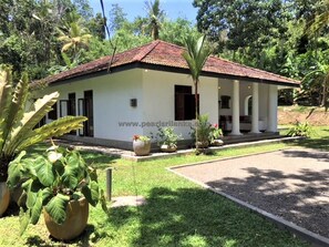 Stunning single-story home with a central entrance, porch, and beautifully manicured garden.