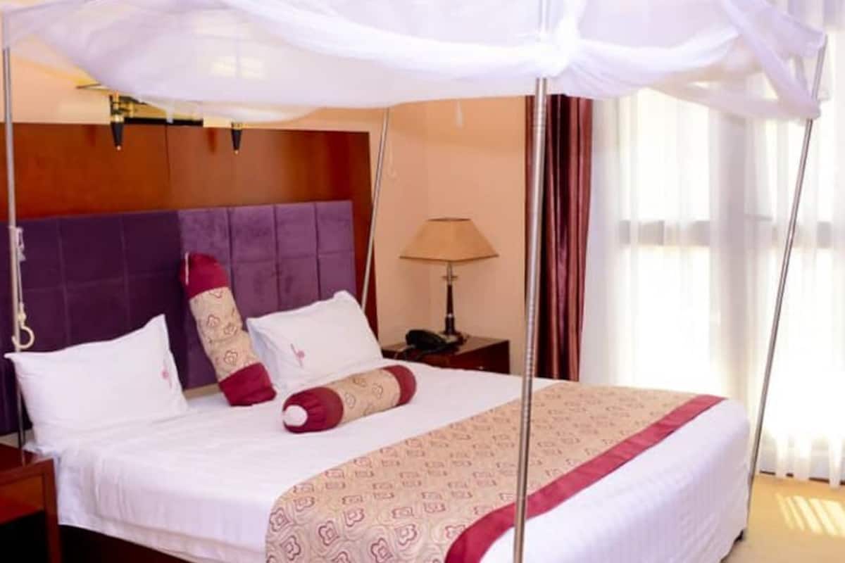 A hotel room with a bed, a nightstand, a lamp, a chair, and a window with curtains.