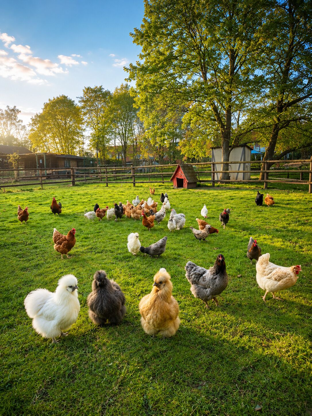 A grassy field with a variety of chickens and a small red barn.