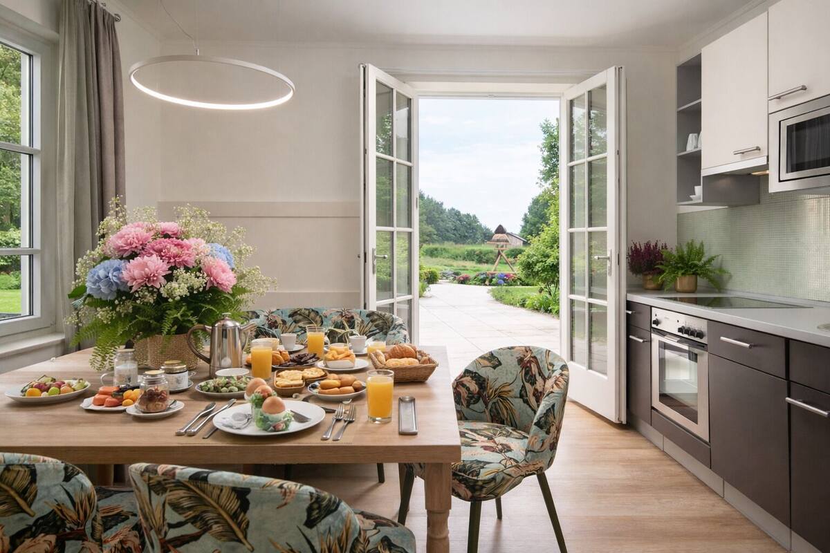 Un coin repas avec une table dressée pour le petit-déjeuner, une vue sur le jardin et des meubles de cuisine modernes.