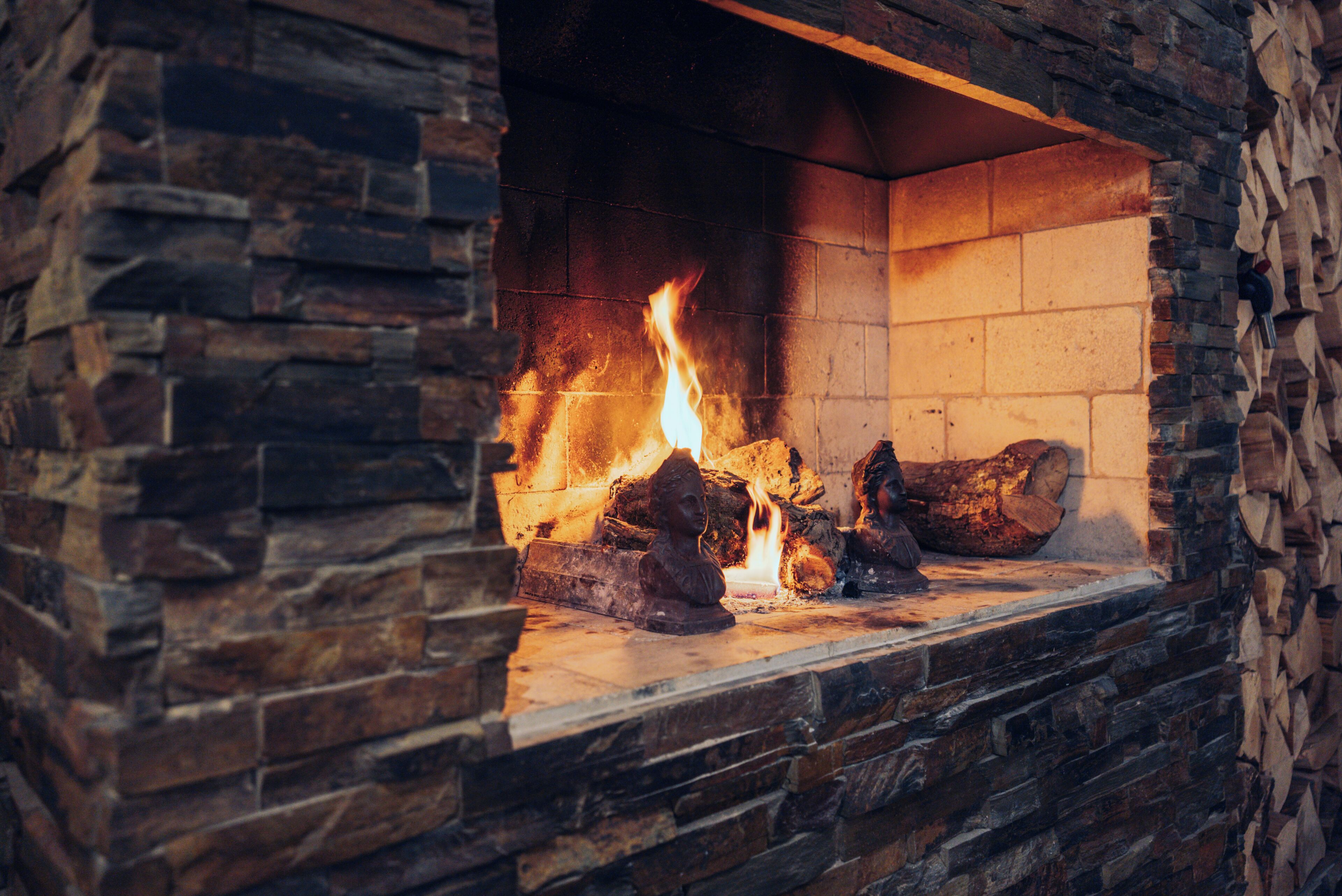A stone fireplace with burning logs and a decorative bust.