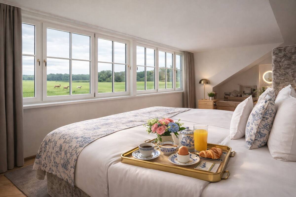 Une chambre avec une grande fenêtre, un lit sur lequel est posé un plateau de petit-déjeuner, et une vue sur un champ verdoyant.