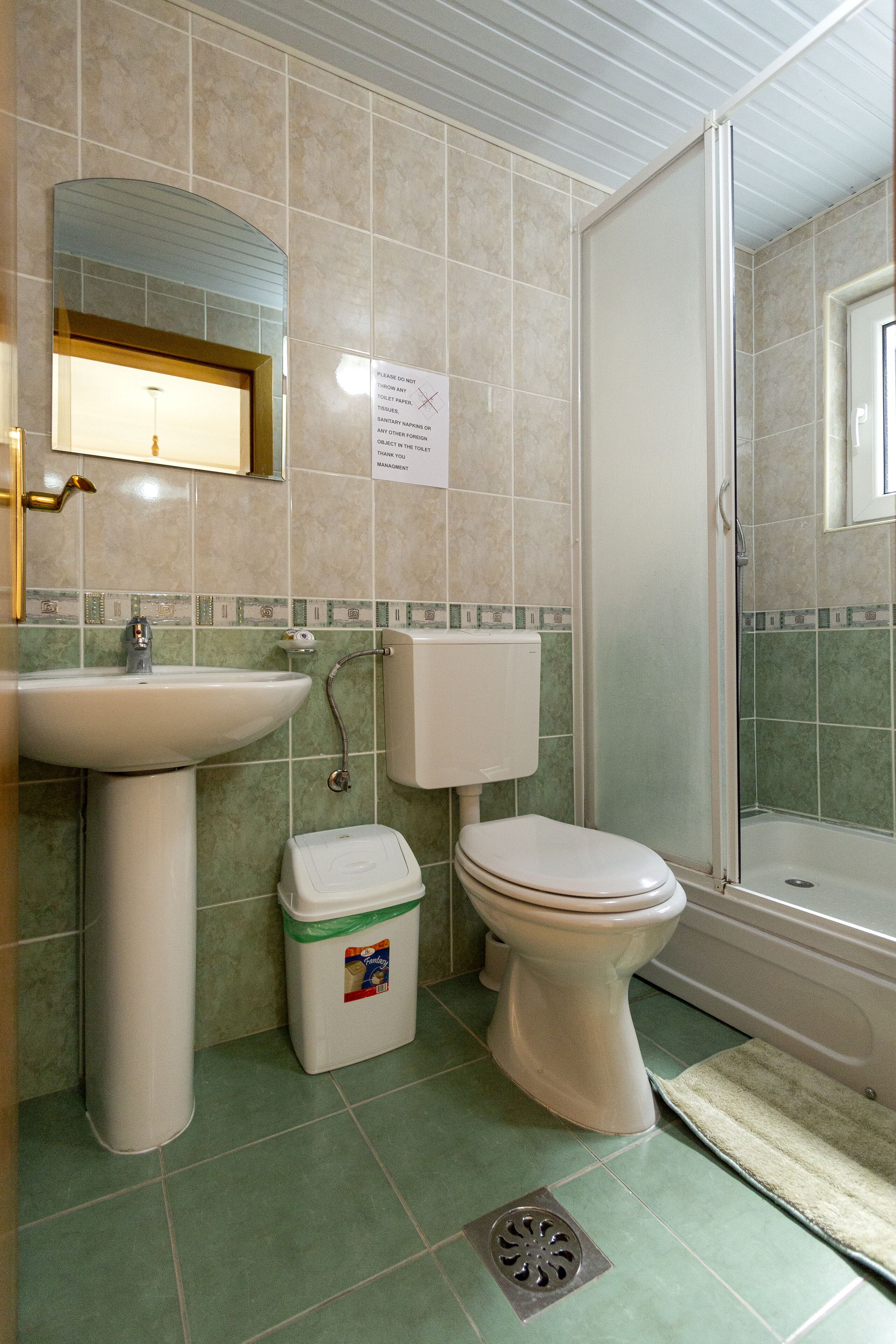 Une salle de bain avec un lavabo, des toilettes et une douche.