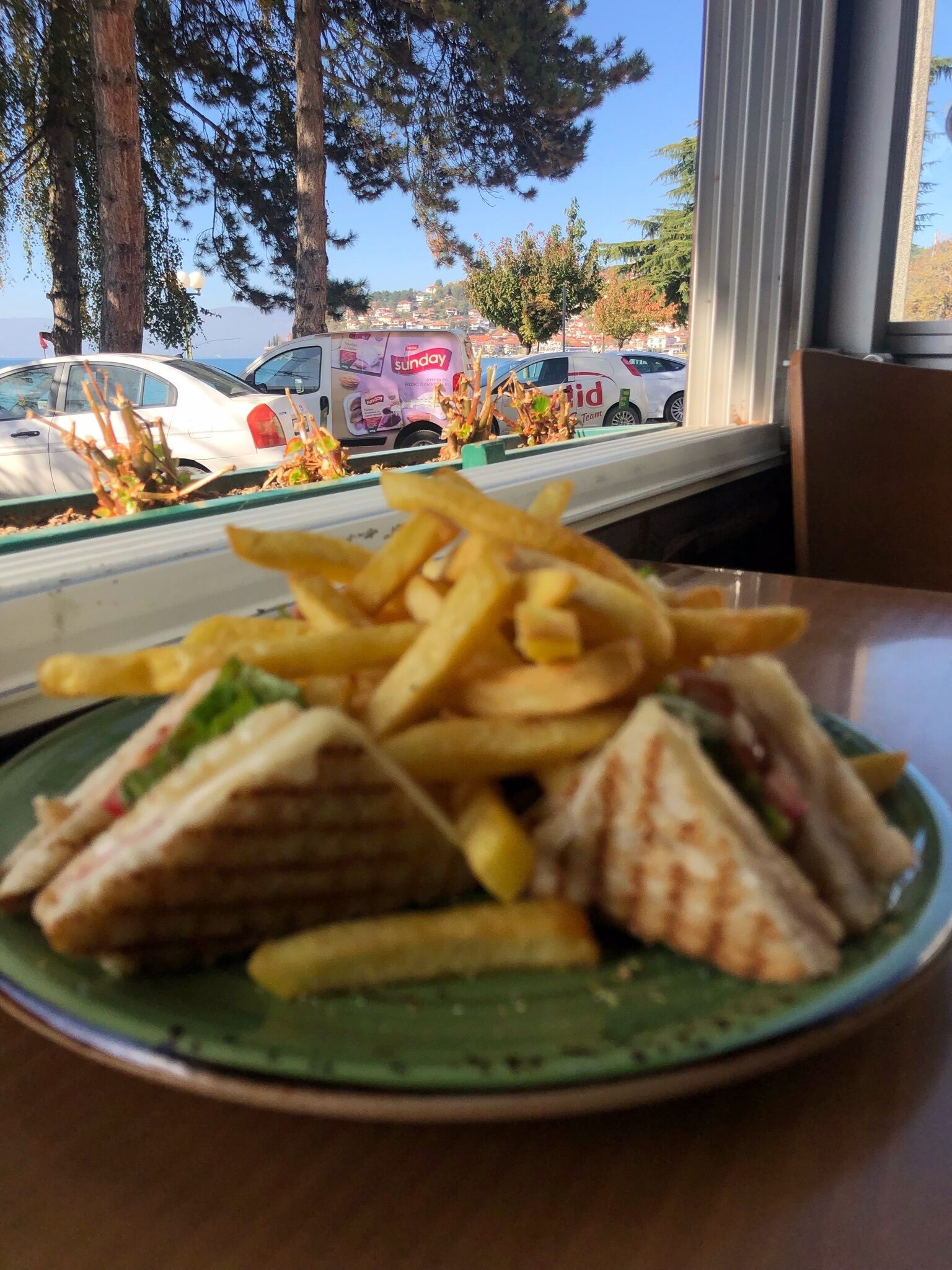 A plate of sandwiches and fries on a table with a view of parked cars and trees outside.