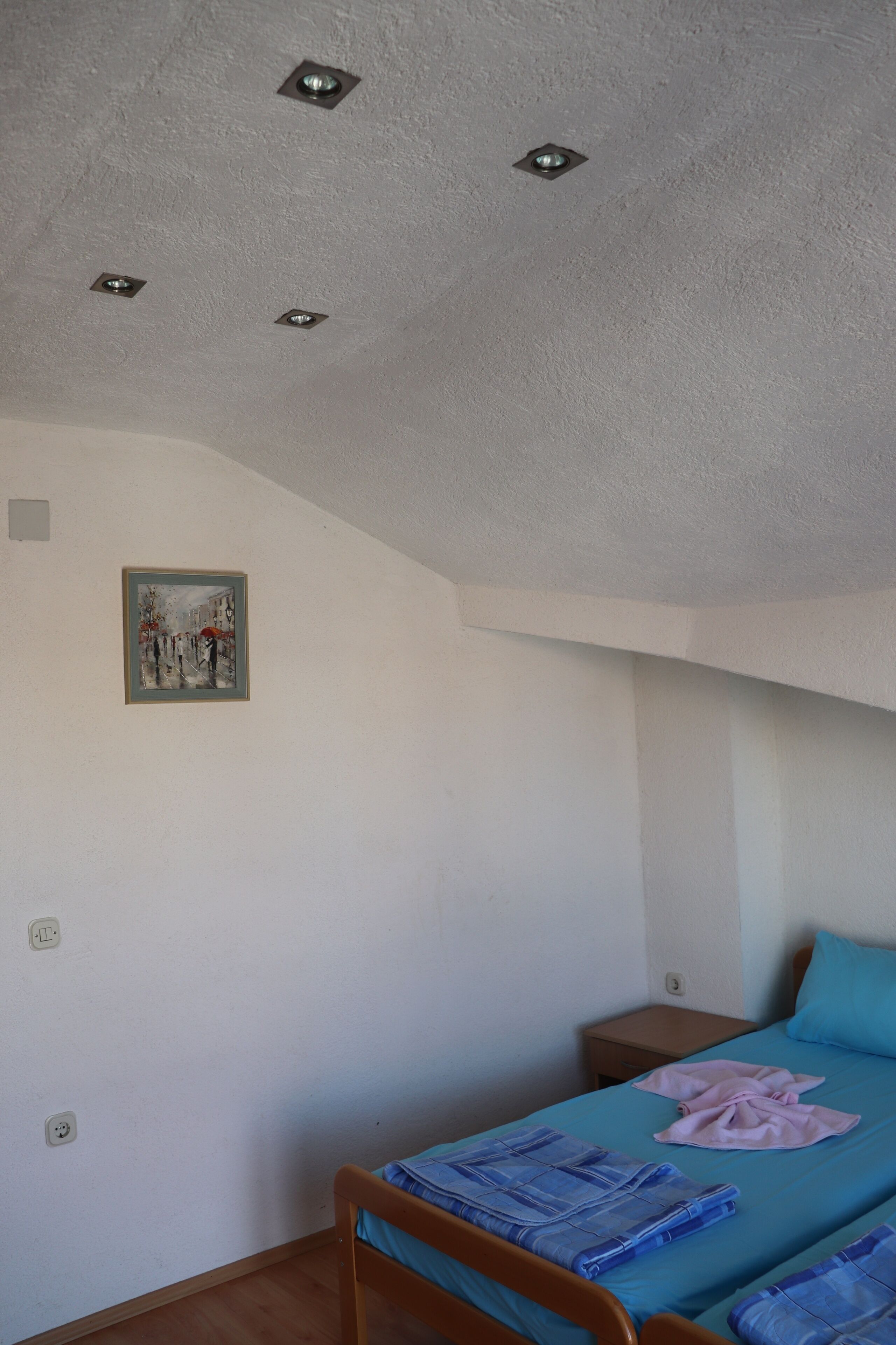 A bedroom with a single bed, a nightstand, a wall-mounted picture, and recessed ceiling lights.