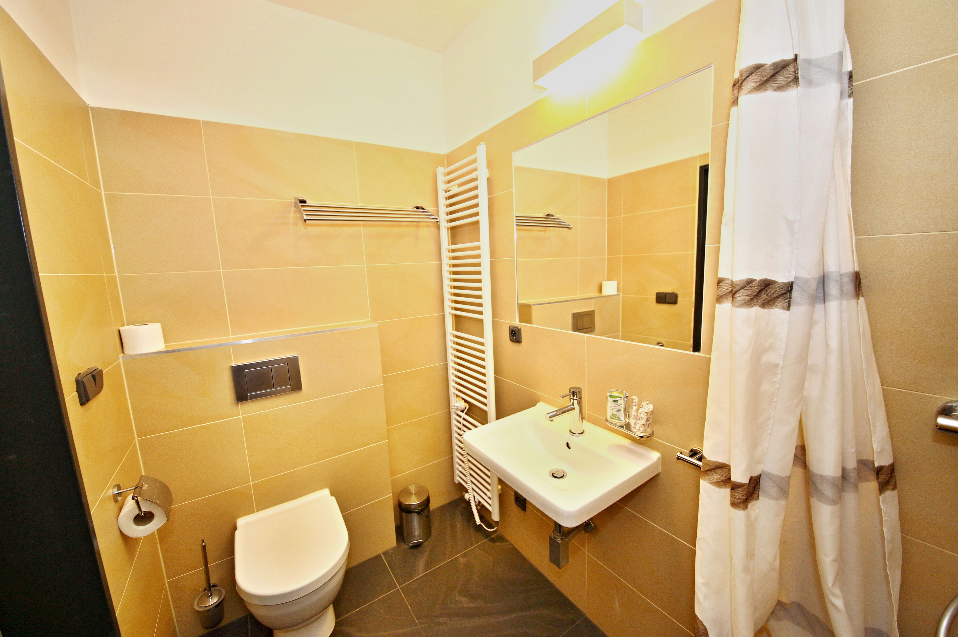 Baño con inodoro, lavabo, toallero y espejo.