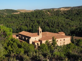 Un edificio de piedra con una torre de campanas, rodeado de un bosque denso y colinas.