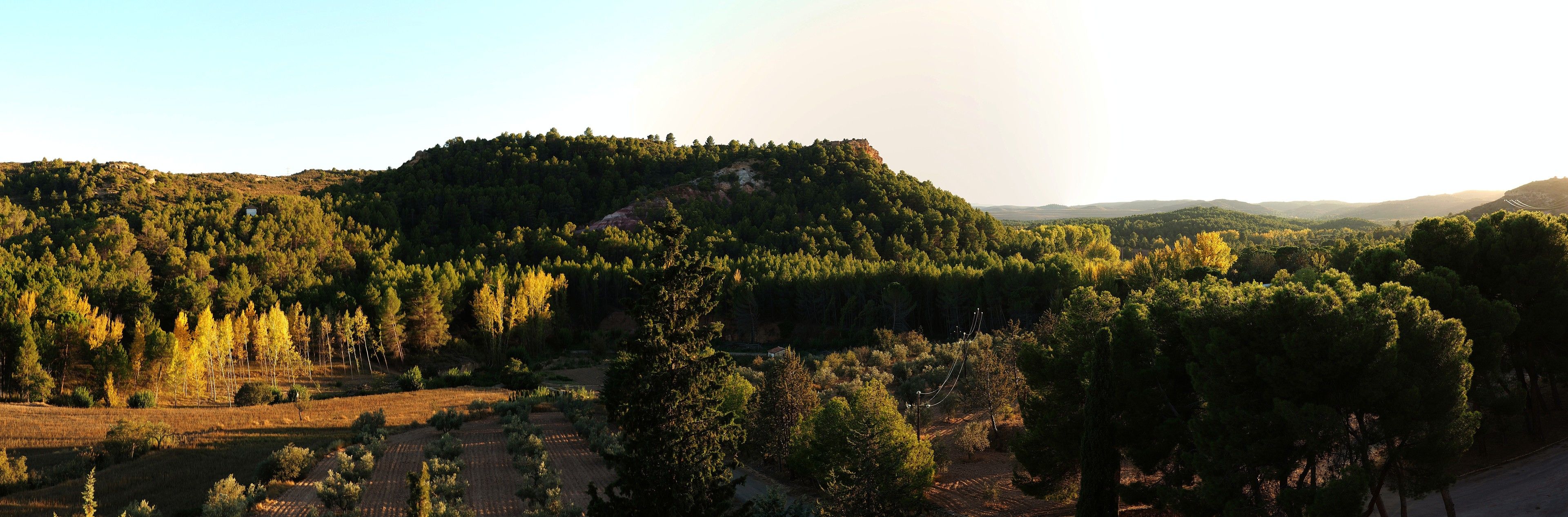 A mountainous landscape with dense forests and a clear sky.