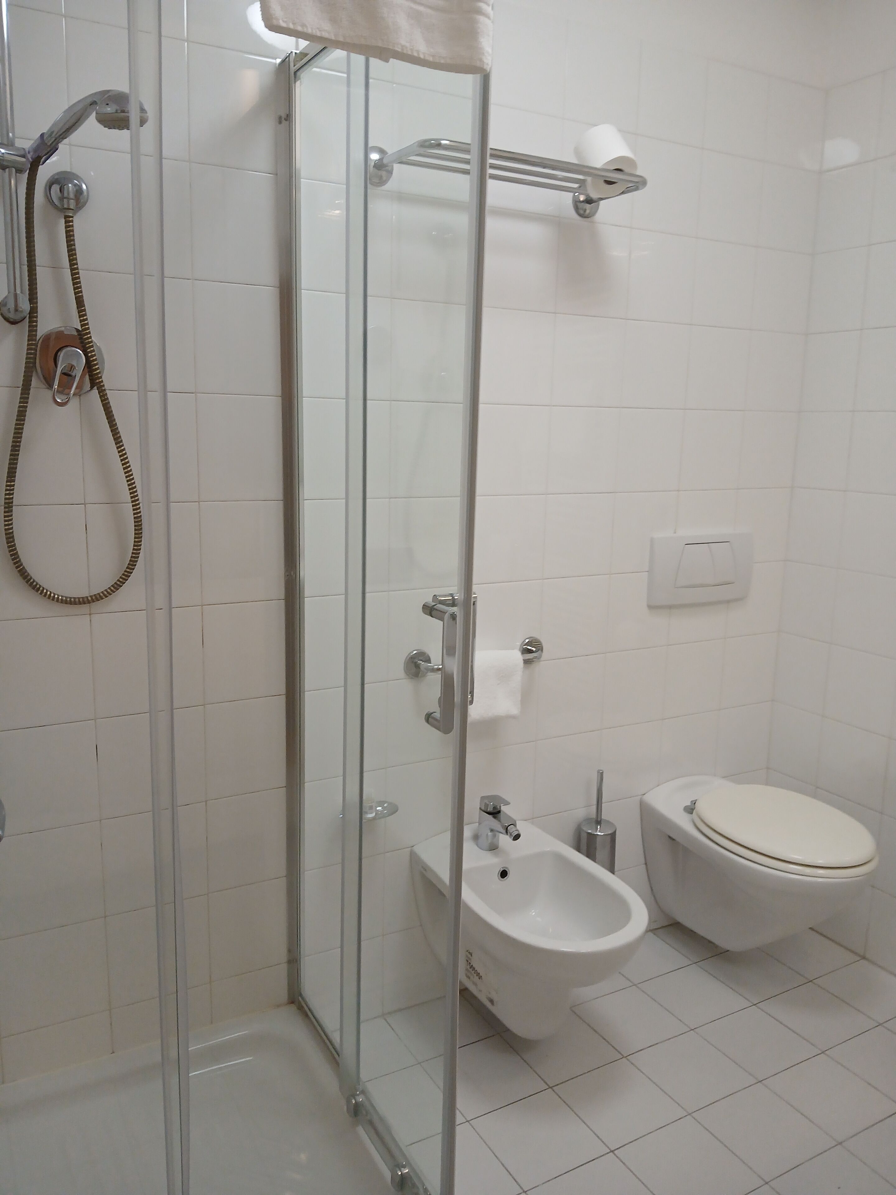 A bathroom with a glass-enclosed shower, a white toilet, and a bidet.