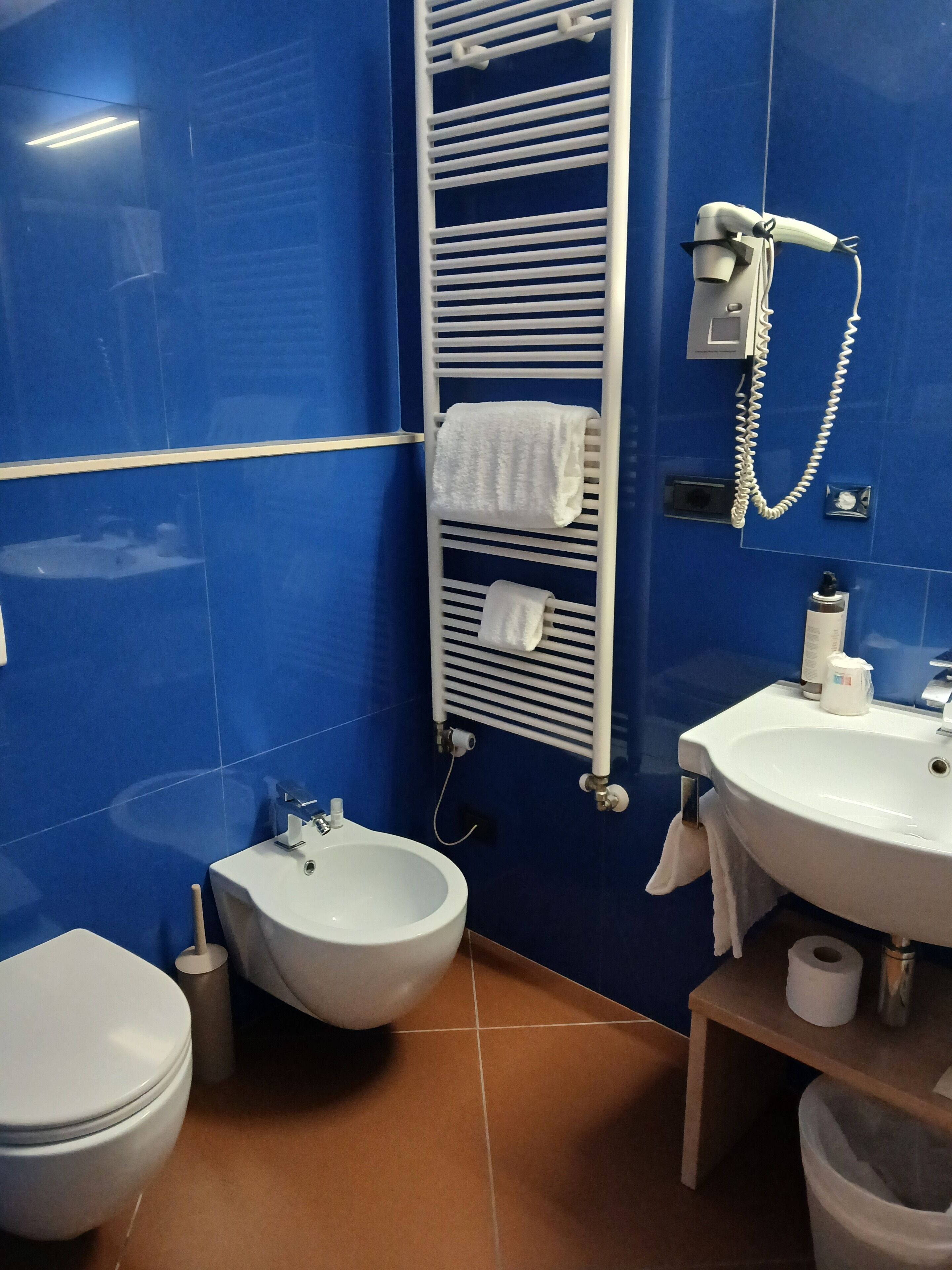 Ein Badezimmer mit Bidet, Toilette, Waschbecken und Handtuchhalter.