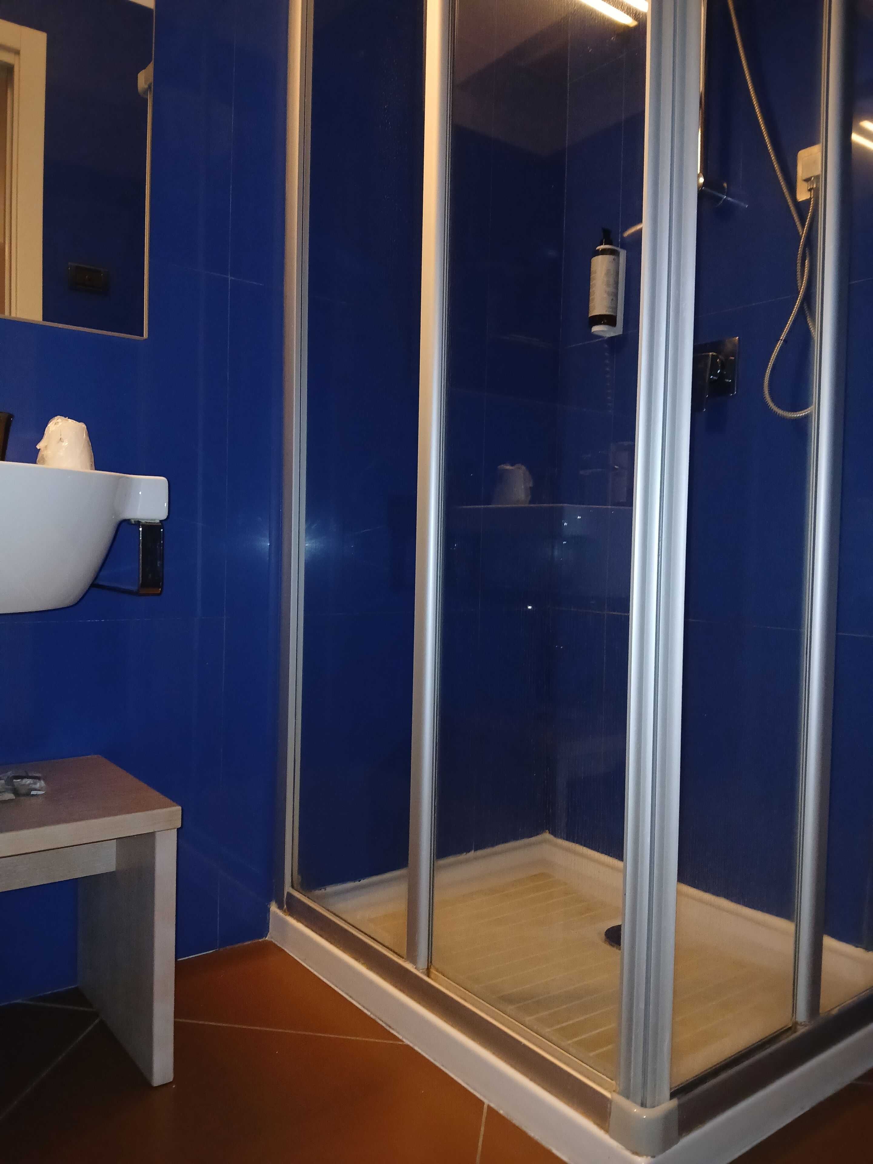 Un baño con ducha de vidrio, un lavabo blanco y un espejo en la pared.