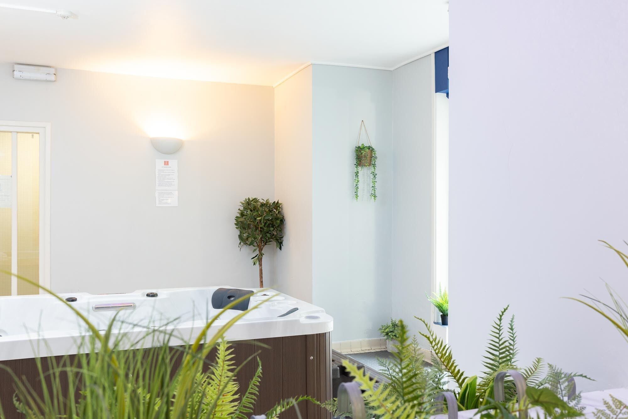 Un baño moderno con una bañera, una lámpara empotrada en la pared, una pequeña planta en maceta y una planta colgante.