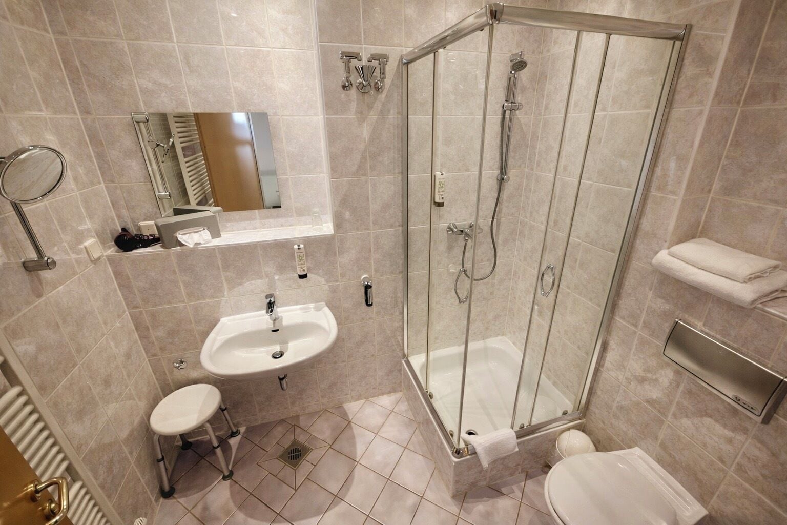 A modern bathroom with a glass-enclosed shower, a sink, a toilet, and a mirror.