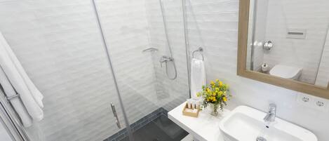 A modern bathroom with a glass-enclosed shower, a white sink, and a mirror above it.