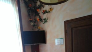 Una stanza con un letto, una scrivania con una sedia, una televisione e una porta.