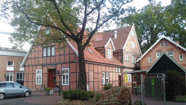 Un edificio tradizionale a struttura in legno e intonaco con un grande albero di fronte, una panchina in pietra e un'auto nelle vicinanze.