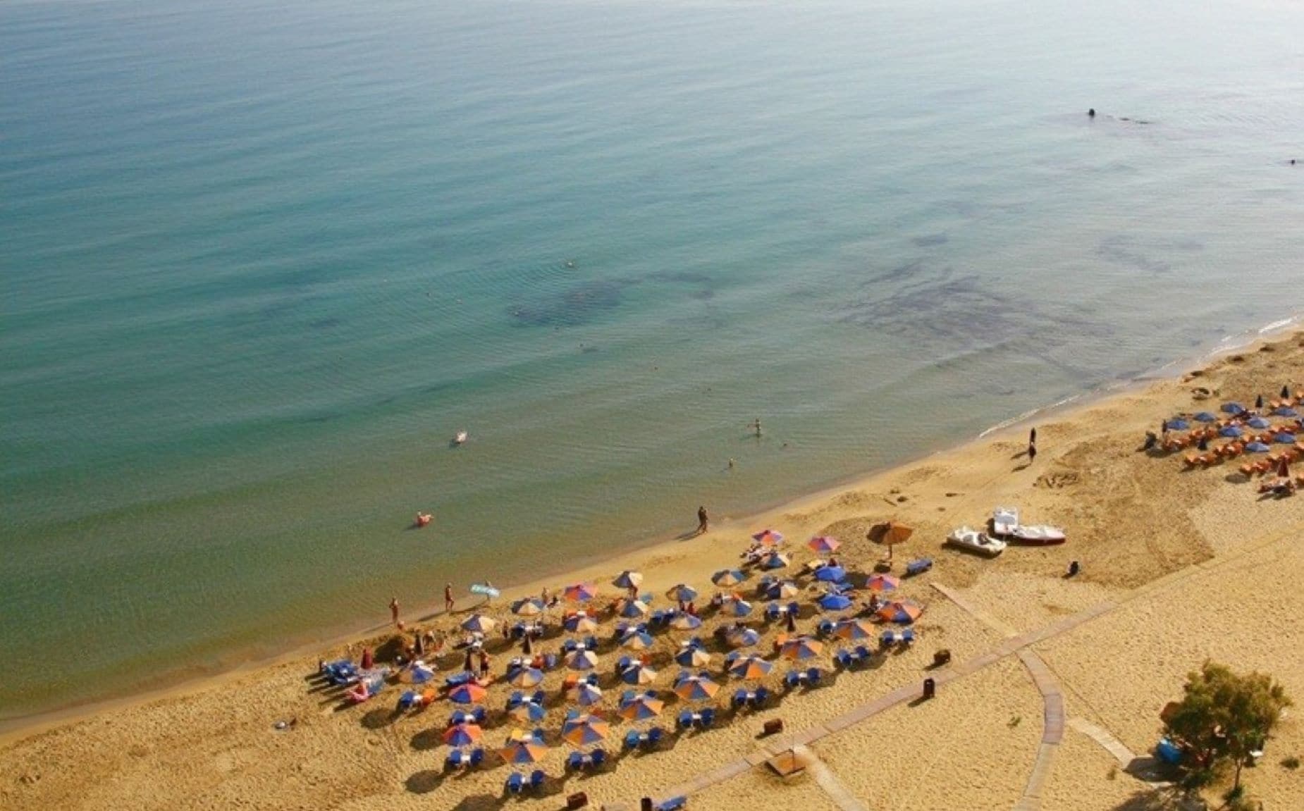 Una playa con hileras de sombrillas y sillas, una orilla arenosa y un mar tranquilo.