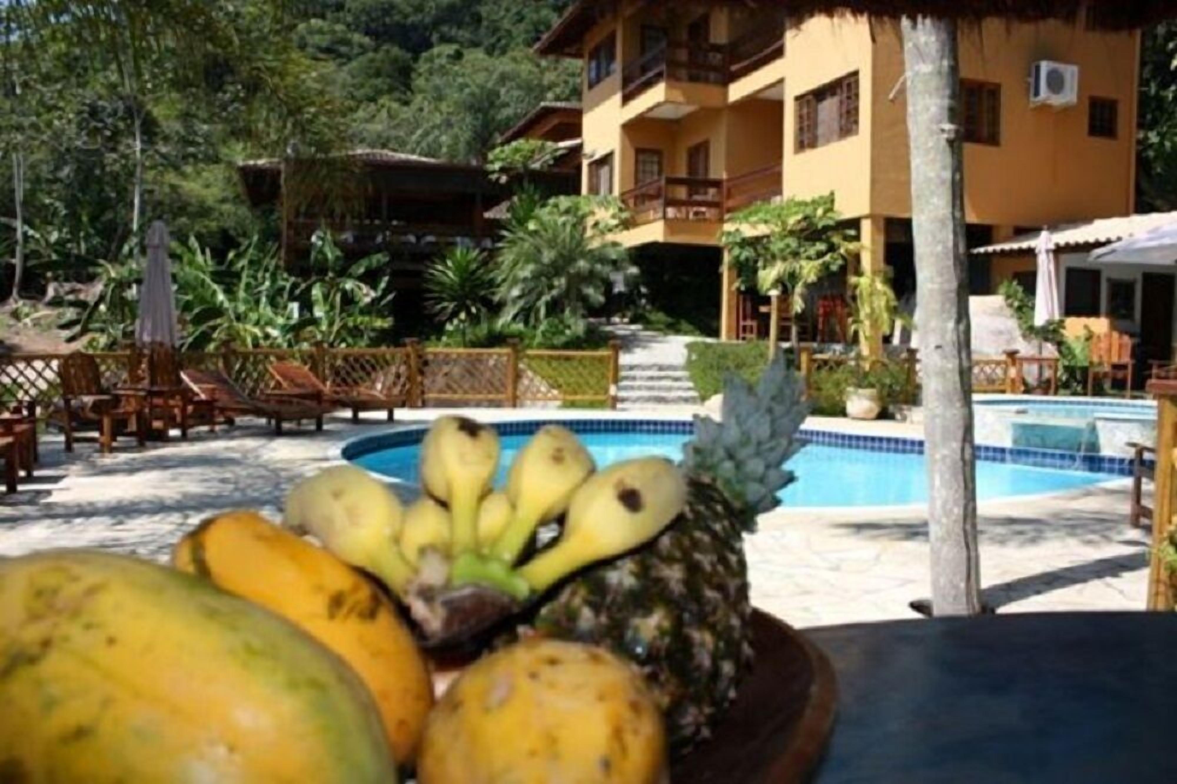 Zona de piscina con frutero que contiene plátanos y una piña, rodeada por una valla de madera y plantas tropicales.