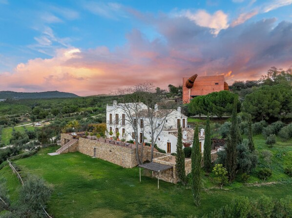 A white building with a stone wall and a large tree in front. - Cortijo LA Almazara (Ronda)