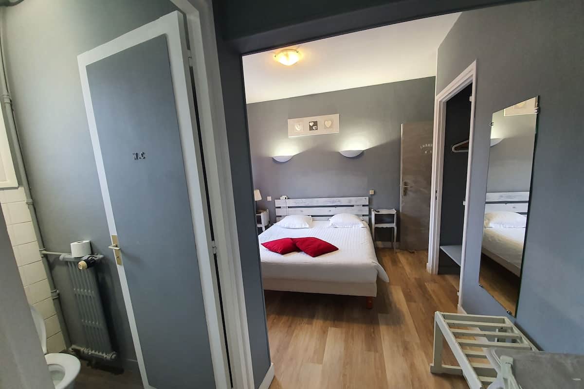 A hotel room with a bed, a bedside table, a mirror, a radiator, and a toilet.