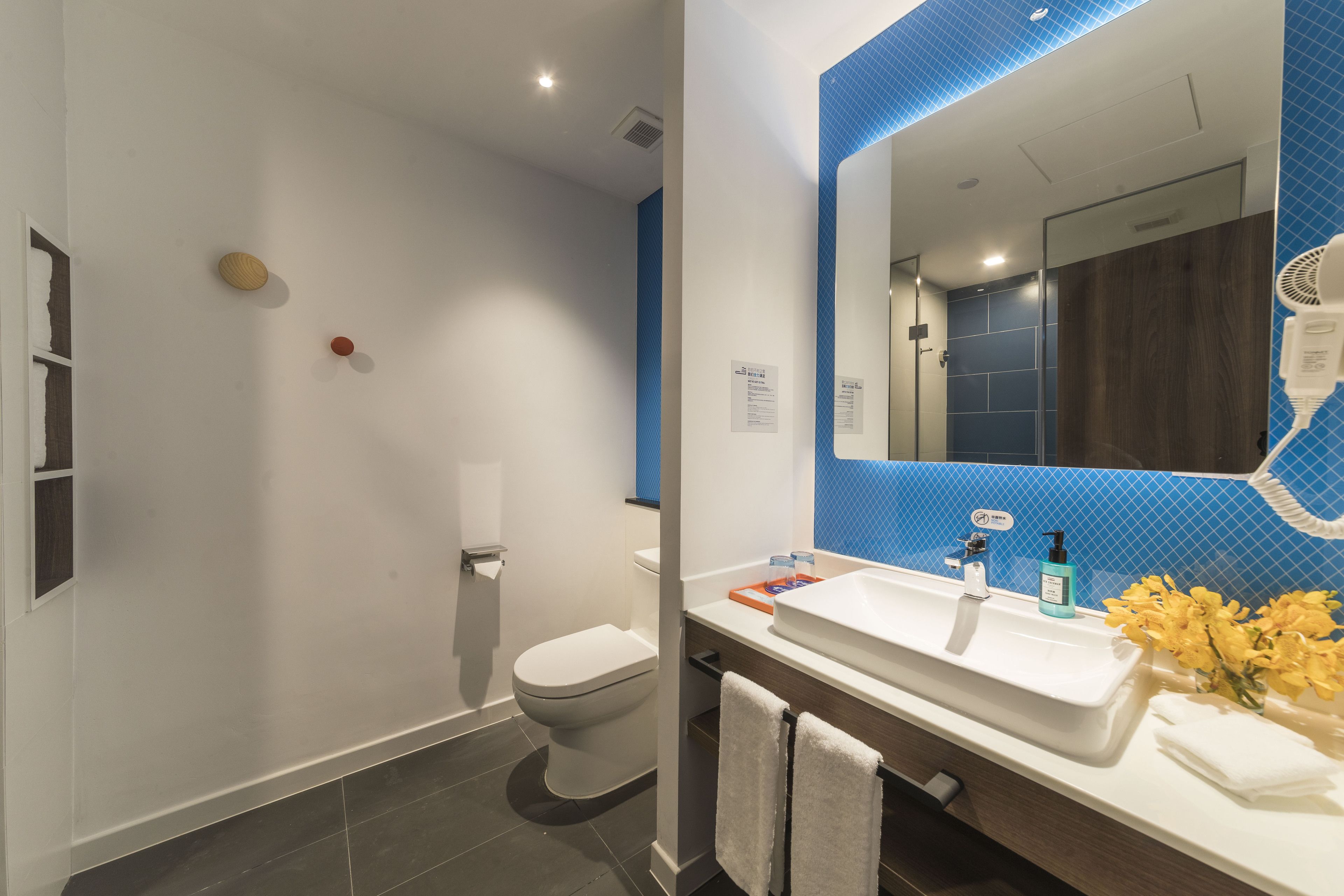 rainfall showerhead, free toiletries, hair dryer, slippers