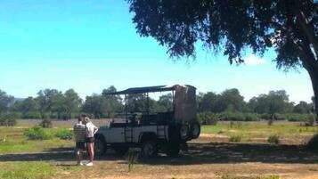 Un vehículo estacionado en un entorno rural, con cielo despejado.