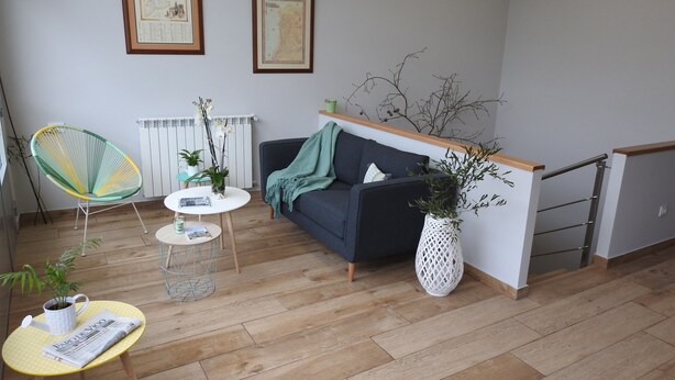Un salon moderne avec un canapé, un fauteuil, une petite table sur laquelle repose un journal et une plante en pot.