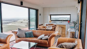 Flat-screen TV, fireplace, DVD player, books
