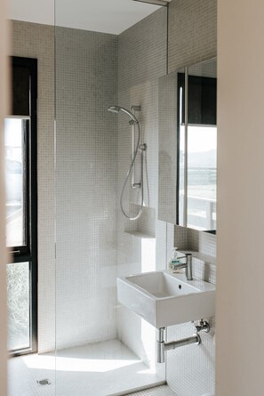 Shower, hair dryer, towels, soap