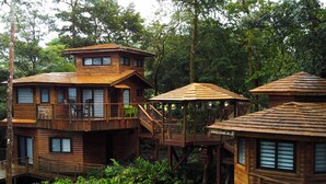 Una struttura in legno a forma di casa sull'albero con diversi livelli, collegati da passerelle di legno, immersa nel verde.