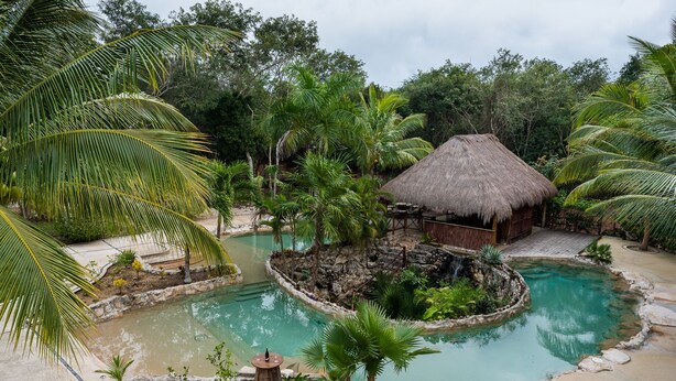 A tropical resort with a pool, thatched-roof hut, and lush greenery.