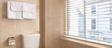 Shower, free toiletries, hair dryer, towels