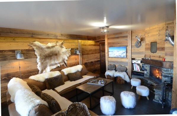 Smart TV, caminetto, libri