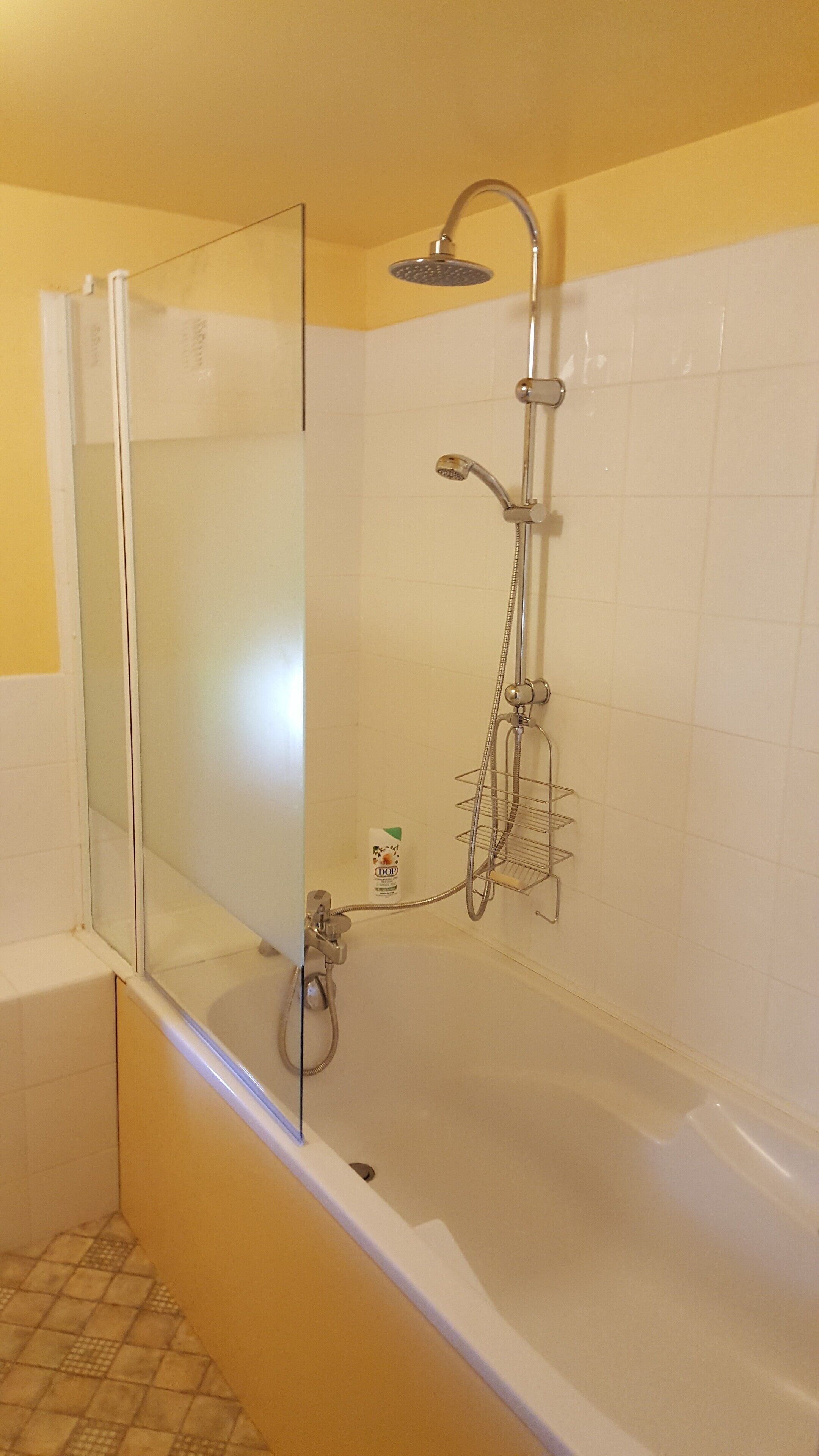 A modern bathroom with a glass-enclosed shower, a bathtub, and a handheld showerhead.