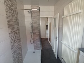 Regadera, secadora de cabello, papel de baño 