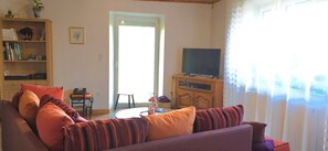 TV, lettore DVD, tavolo da ping pong, libri