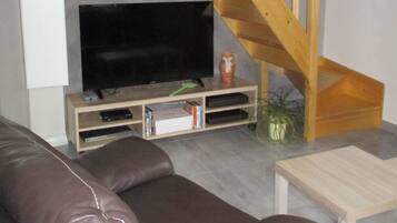 Televisie, een open haard, een dvd-speler en een tafeltennistafel