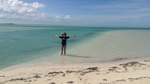 A person standing on a beach with arms outstretched, facing the ocean. - Your Tropical Beach Vacation! (Morgans Bluff)