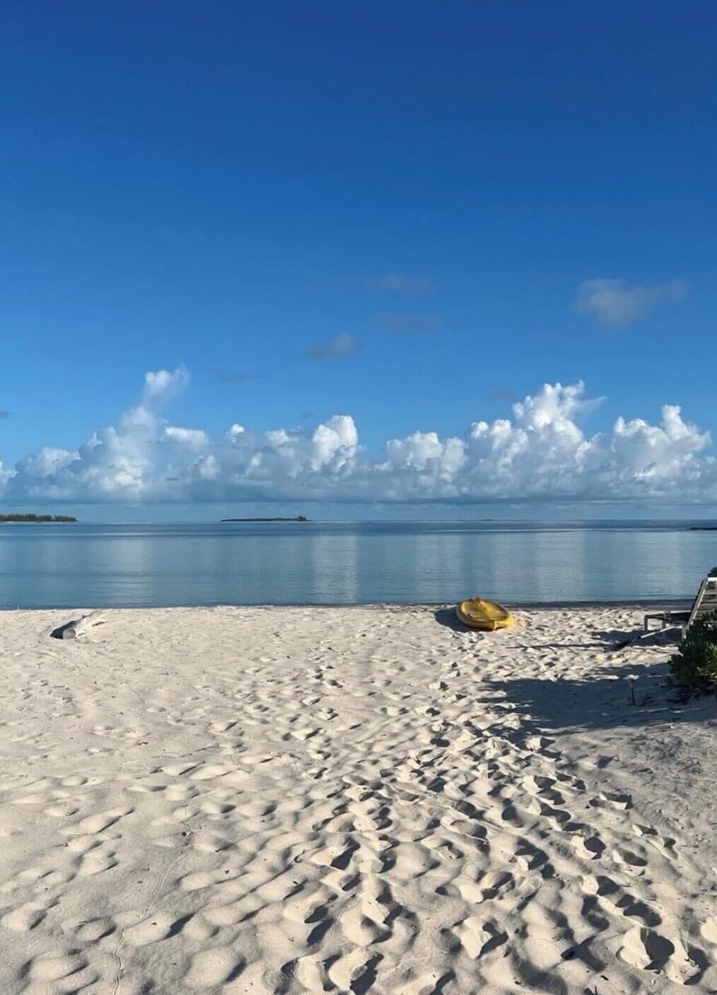 A beach with clear skies, a calm sea, and footprints in the sand.