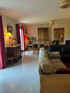 TV, fireplace, DVD player, books