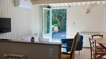 Télévision, cheminée, lecteur de DVD, livres