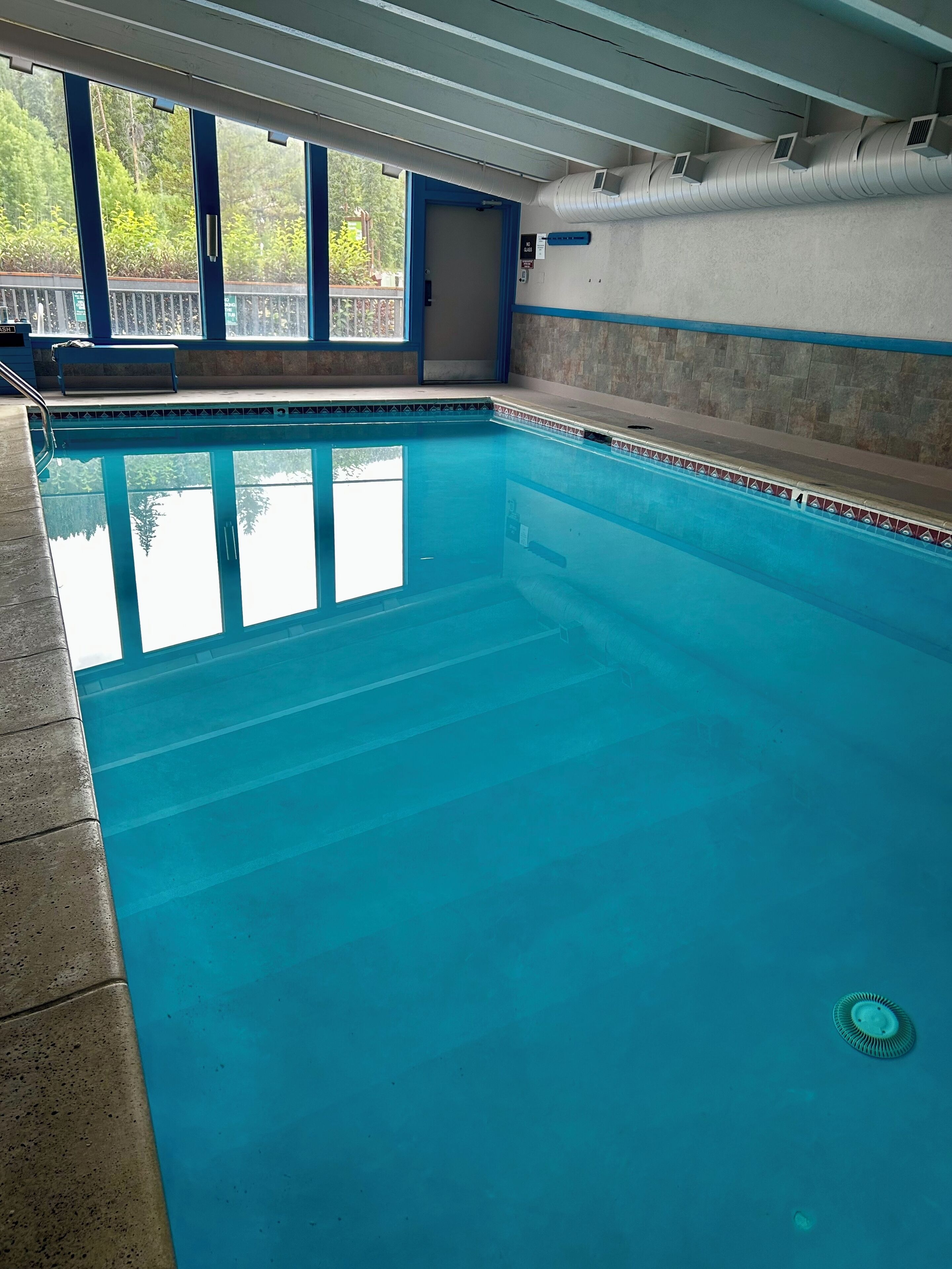 Una piscina interior con agua cristalina, borde de azulejos y vistas a árboles fuera.