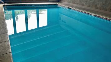 Una piscina interior con agua cristalina, borde de azulejos y vistas a árboles fuera.