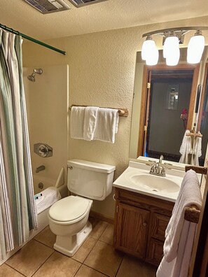 Hair dryer, towels, soap, toilet paper