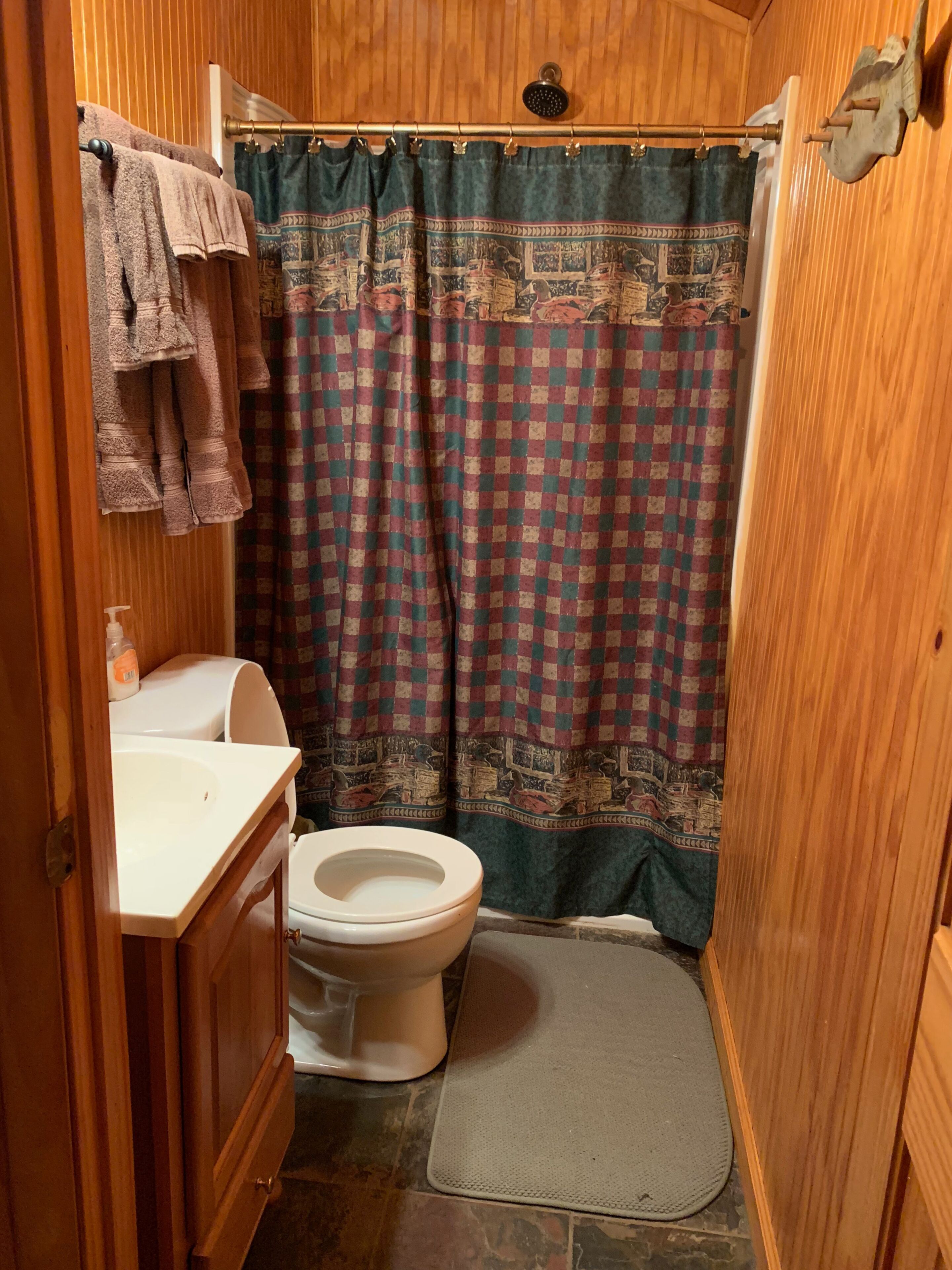 Shower, towels, soap, shampoo