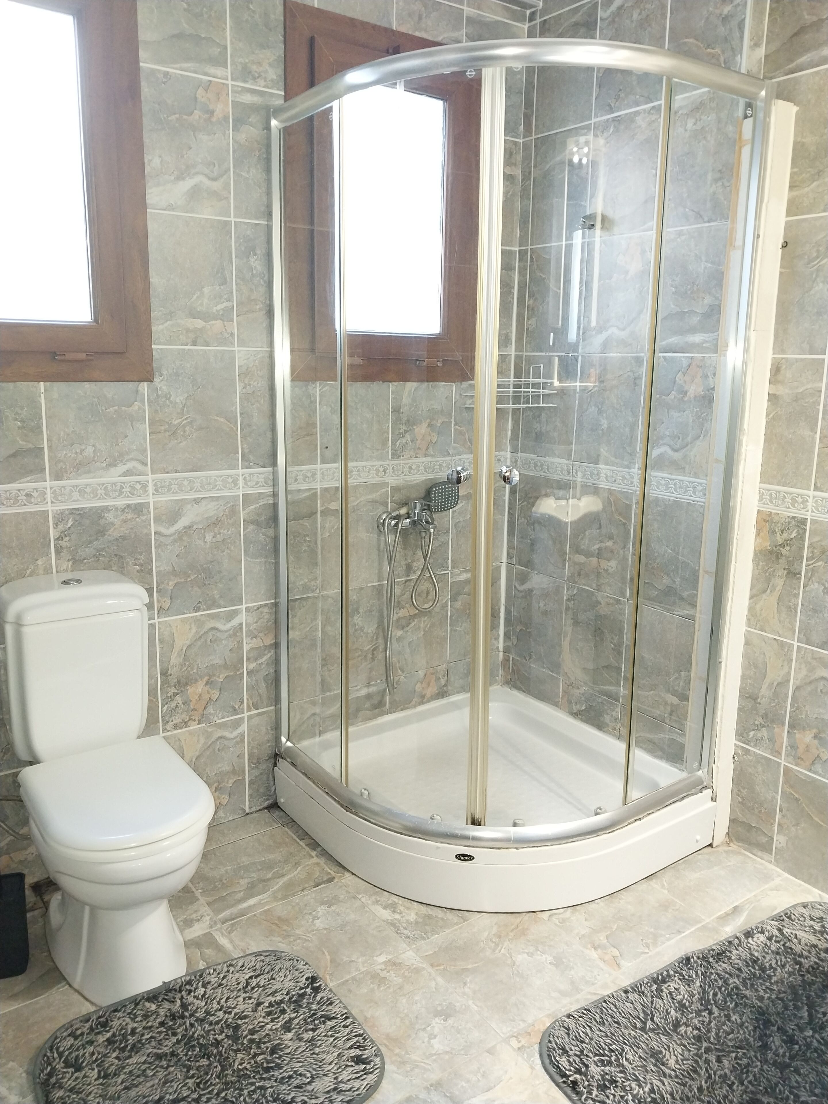 A bathroom with a glass-enclosed shower, a toilet, and a window.